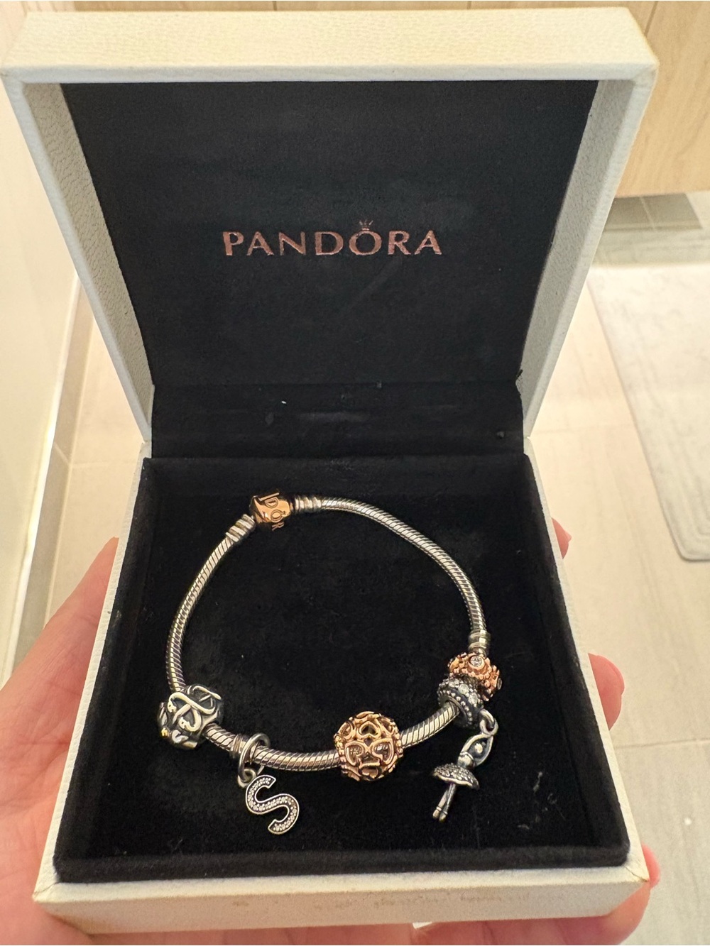 Pandora Two-Tone Silver and Rose Gold Charm Bracelet with 5 charms